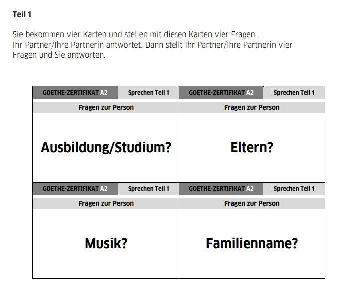 Карточка первого задания из модуля говорения Goethe Zertifikat A2